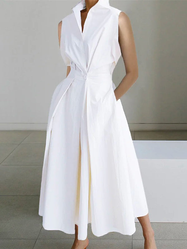 Women's Collared Shirt Dress – White Button Front Midi Dress