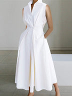 Women's Collared Shirt Dress – White Button Front Midi Dress