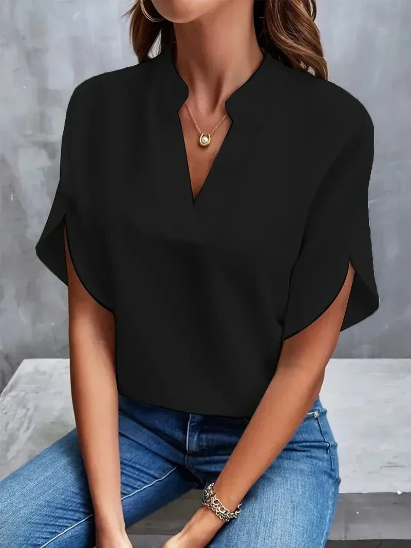 Women's Longline V-Neck Blouse – Side Slit Relaxed Fit Blouse