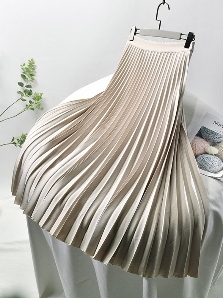 Women's Pleated Midi Skirt – High Waist A-Line Skirt