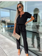 Women's Tie Waist Jumpsuit – Short Sleeve Round Neck Wide Leg Jumpsuit