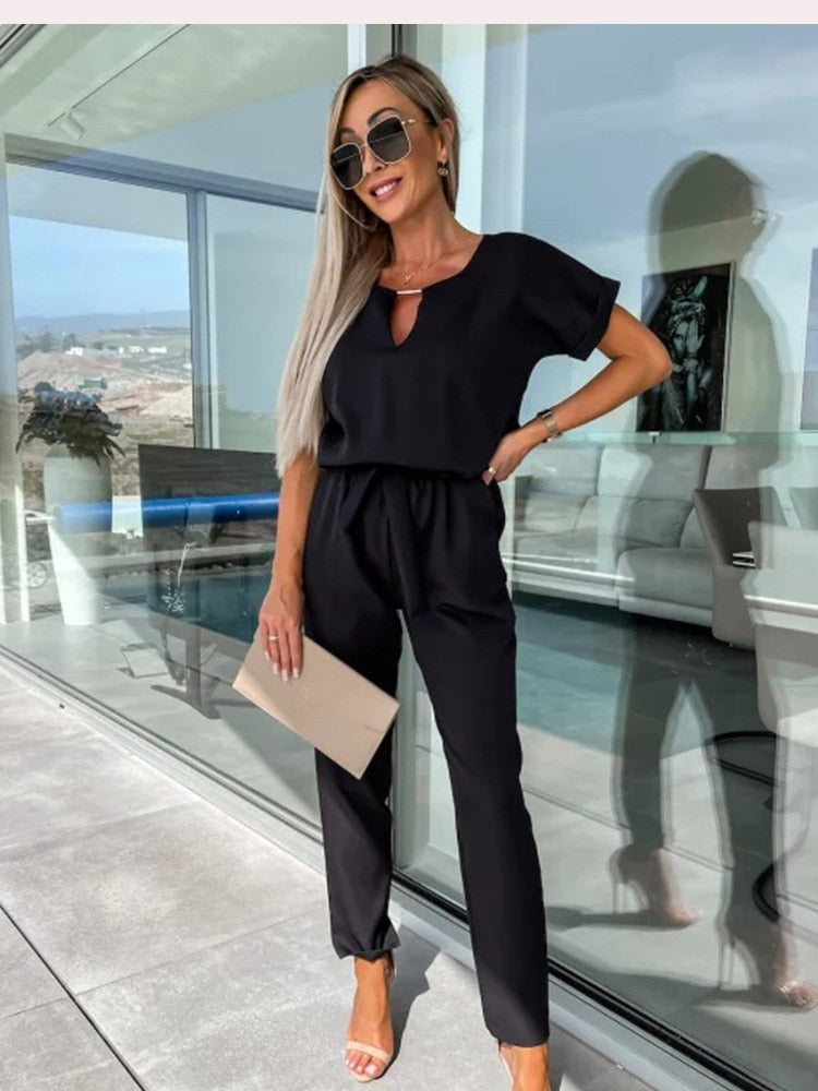 Women's Tie Waist Jumpsuit – Short Sleeve Round Neck Wide Leg Jumpsuit