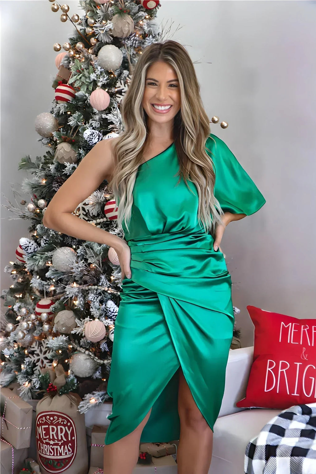 Women's High Slit Evening Gown – One Shoulder Pleated Formal Dress