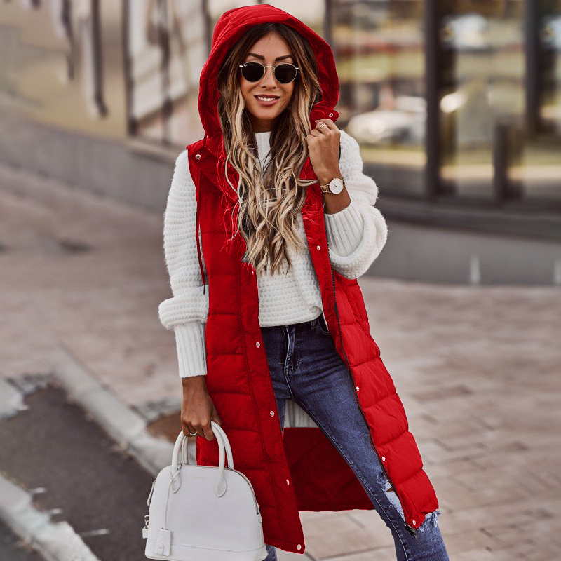 Women's Sleeveless Long Puffer Vest – Hooded Quilted Pocket Bodywarmer