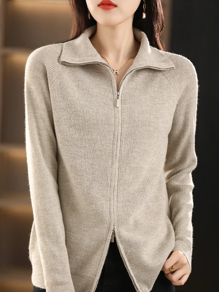 Women's Double Zip Cardigan – Zip-Up Long Sleeve Knit Cardigan