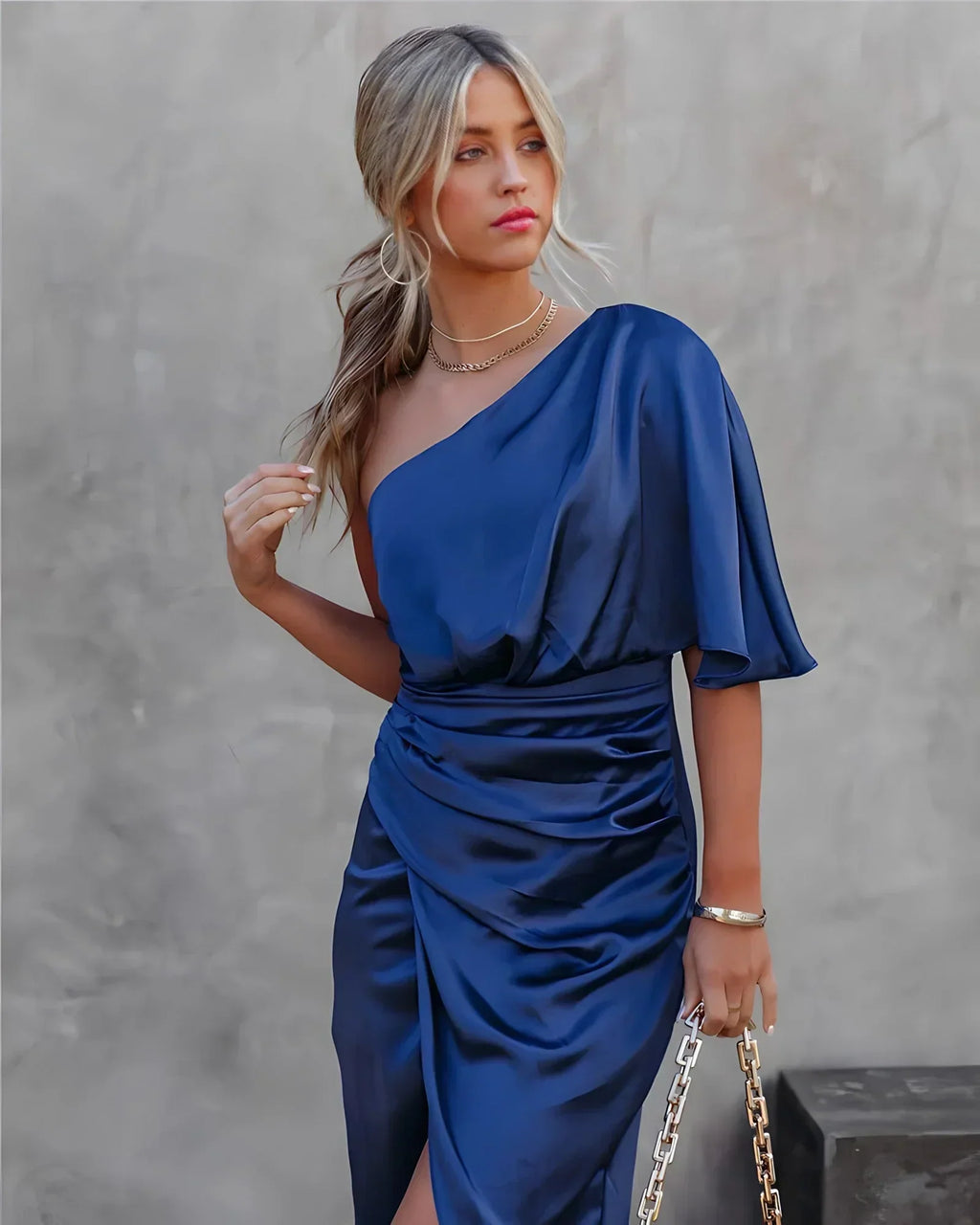Women's High Slit Evening Gown – One Shoulder Pleated Formal Dress