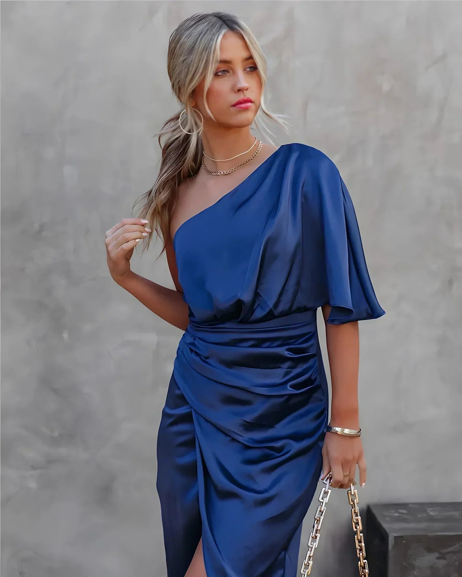 Women's High Slit Evening Gown – One Shoulder Pleated Formal Dress