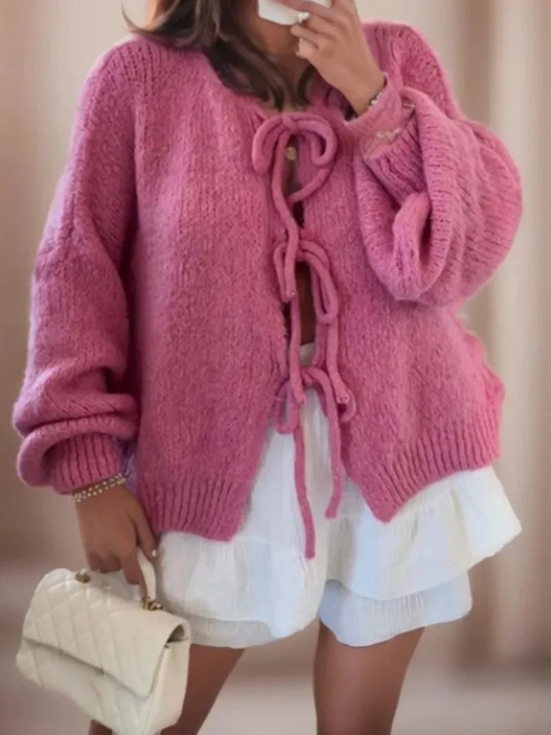 Women's Boho Tie Cardigan – Bow Front Wide Sleeve Cardigan