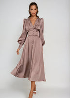 Women's V-Neck Wedding Guest Maxi Dress – Lantern Sleeve Flowy Formal Dress