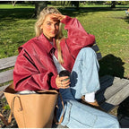 Women's Patchwork Faux Leather Jacket – Cropped Zip-Up Jacket