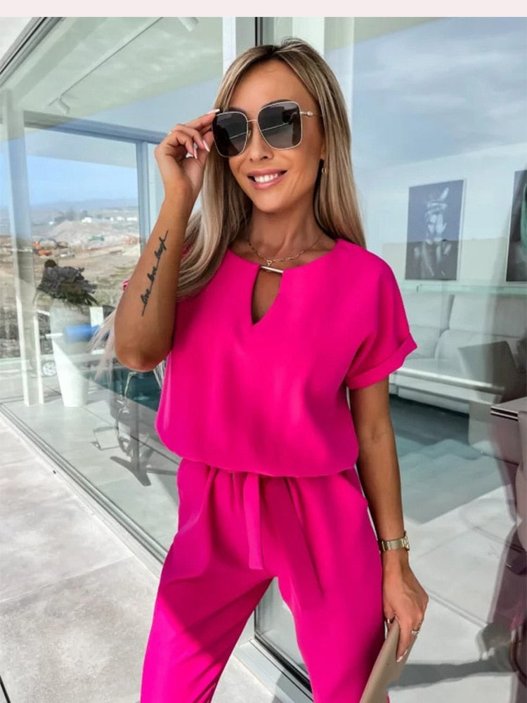 Women's Tie Waist Jumpsuit – Short Sleeve Round Neck Wide Leg Jumpsuit