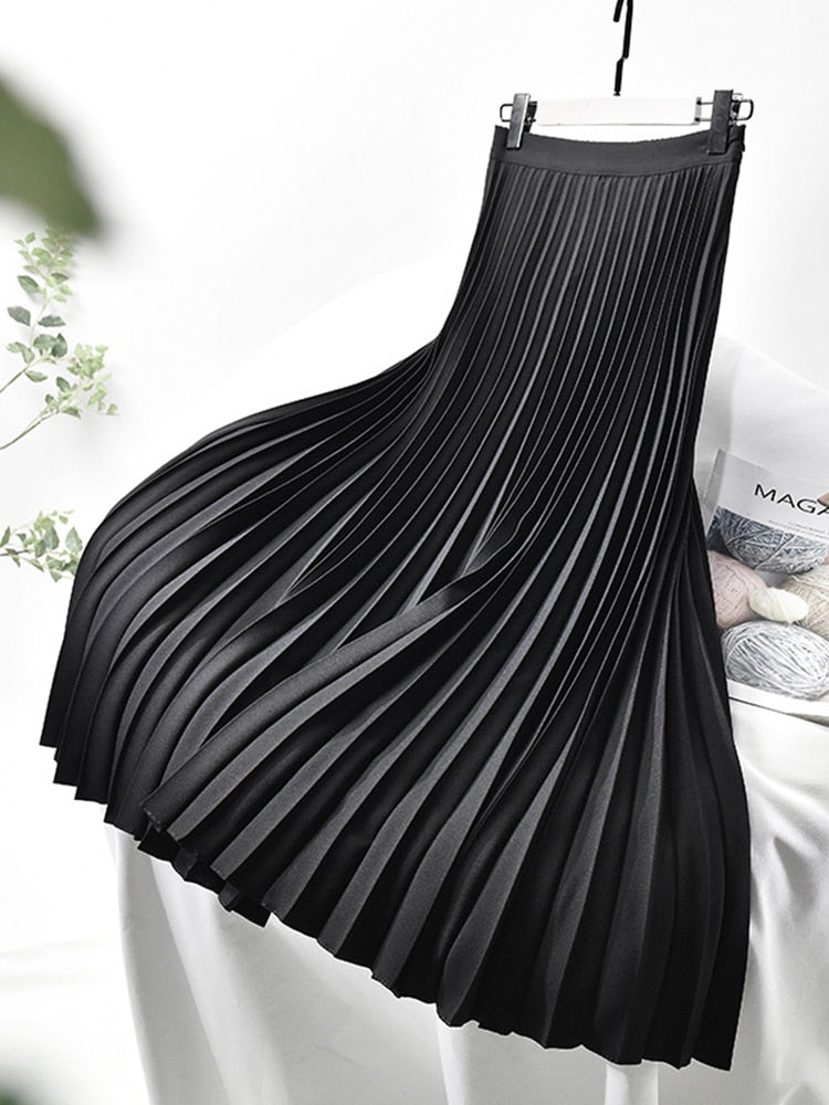 Women's Pleated Midi Skirt – High Waist A-Line Skirt