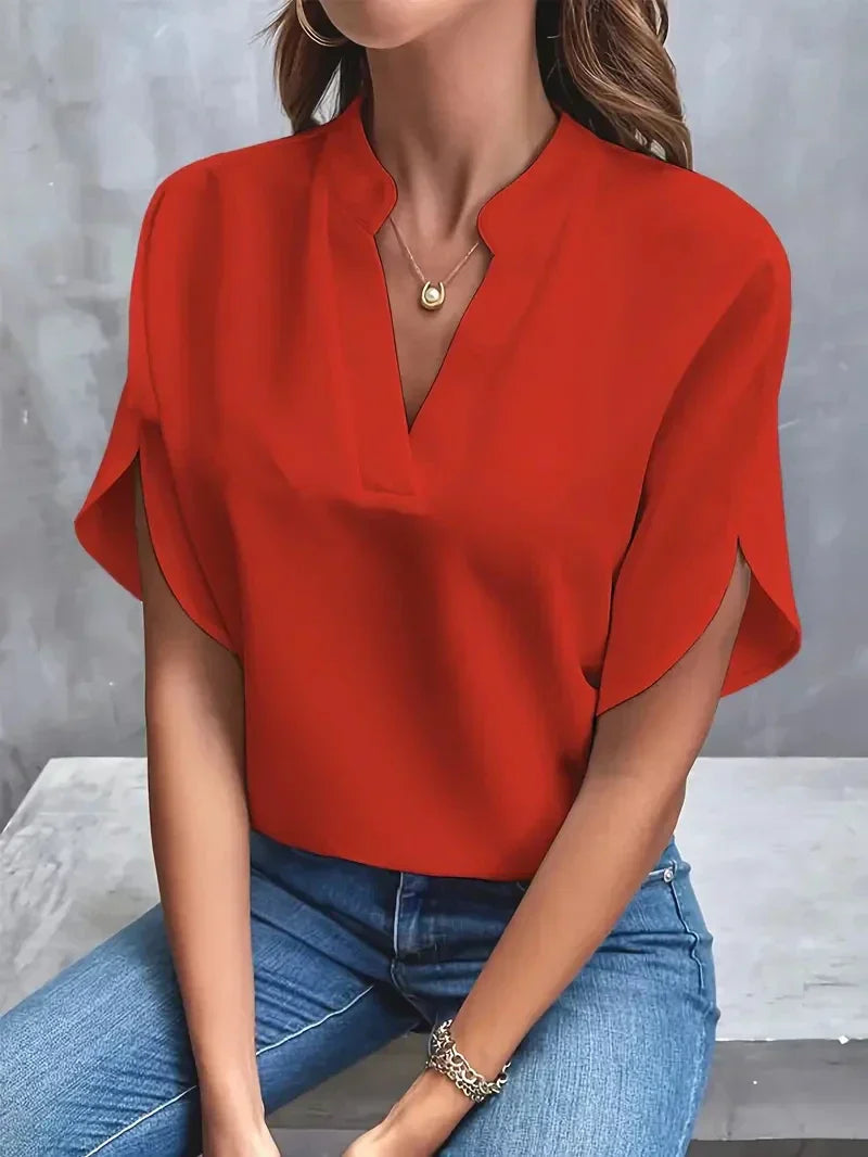 Women's Longline V-Neck Blouse – Side Slit Relaxed Fit Blouse