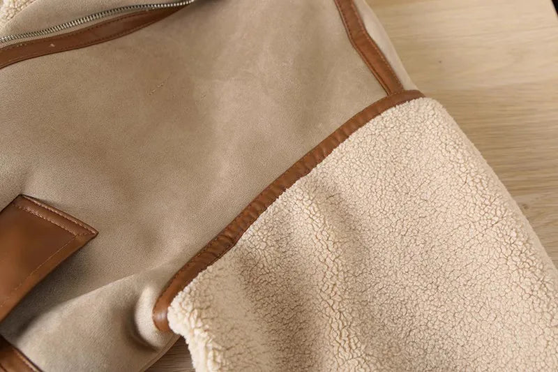 Women's Relaxed Fleece Jacket – Patchwork Zip-Up Winter Jacket