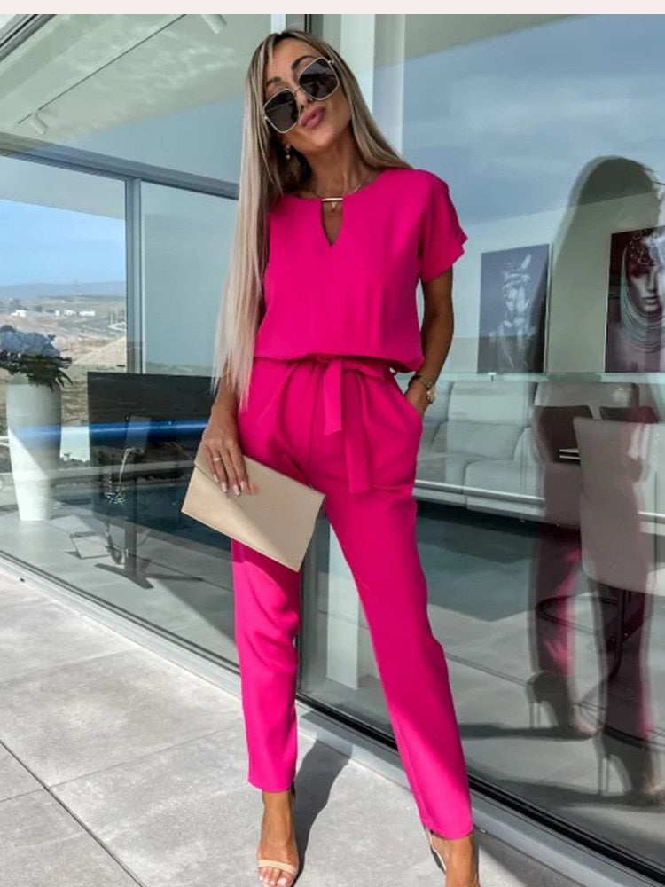 Women's Tie Waist Jumpsuit – Short Sleeve Round Neck Wide Leg Jumpsuit