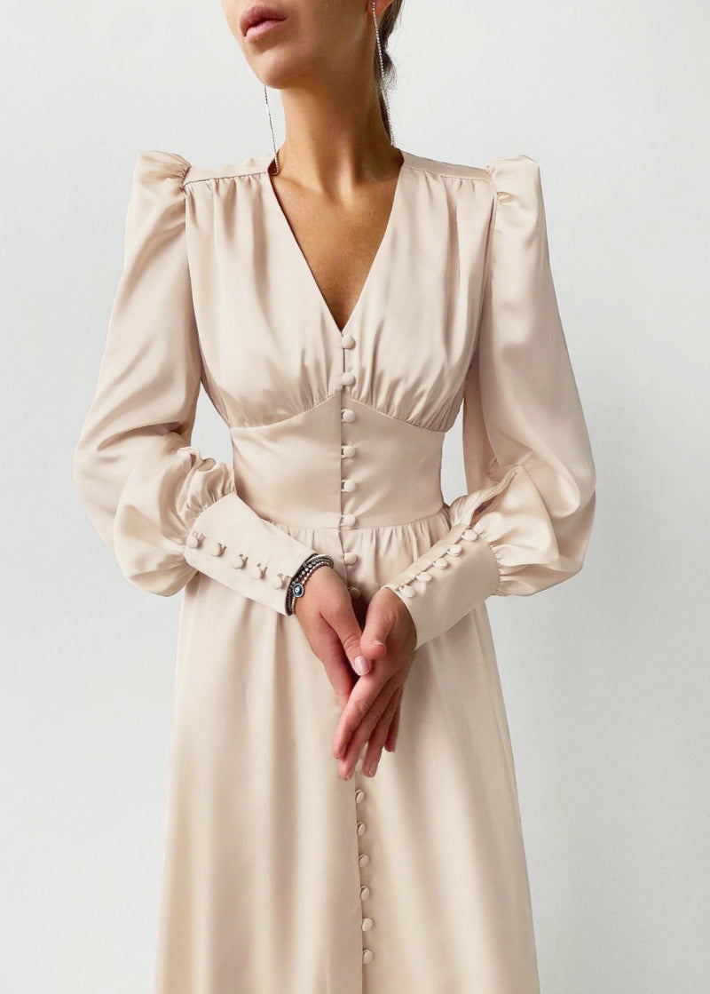 Women's V-Neck Wedding Guest Maxi Dress – Lantern Sleeve Flowy Formal Dress