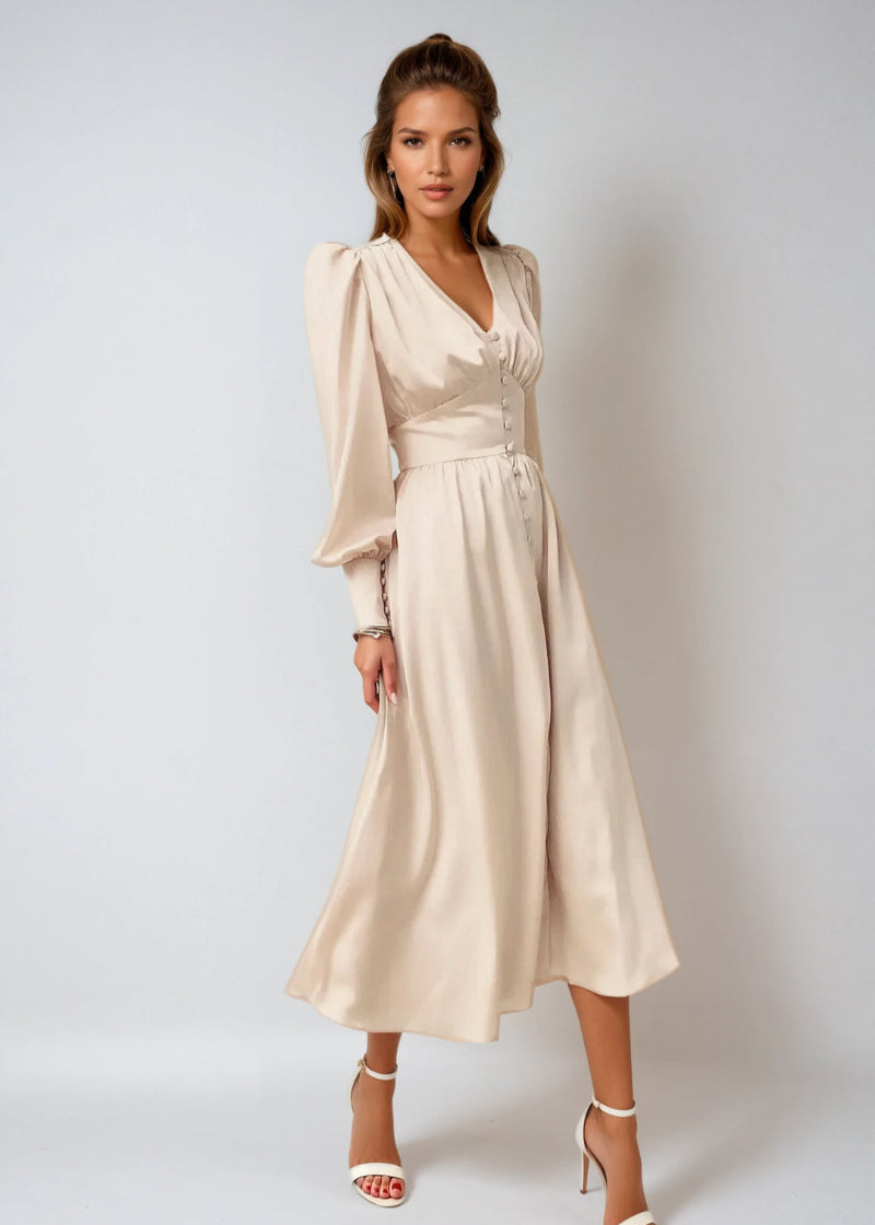Women's V-Neck Wedding Guest Maxi Dress – Lantern Sleeve Flowy Formal Dress