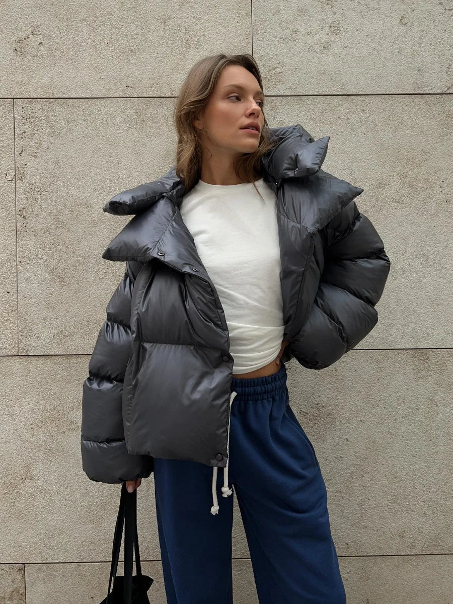 Women's Glossy Puffer Jacket – Oversized Quilted Winter Jacket