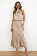 Women's Flowy Halter Midi Dress – Relaxed Cocktail Occasion Dress