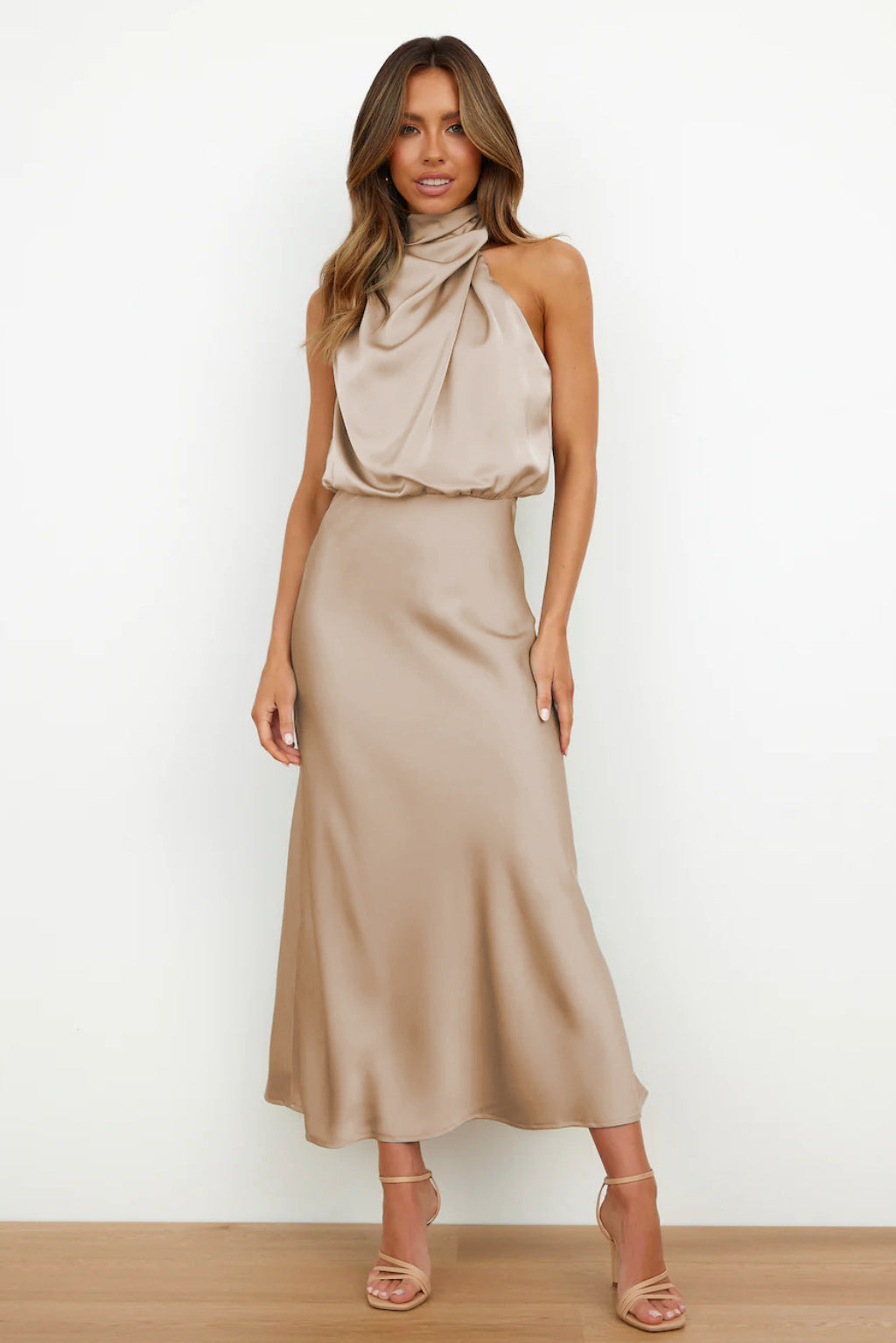 Women's Flowy Halter Midi Dress – Relaxed Cocktail Occasion Dress