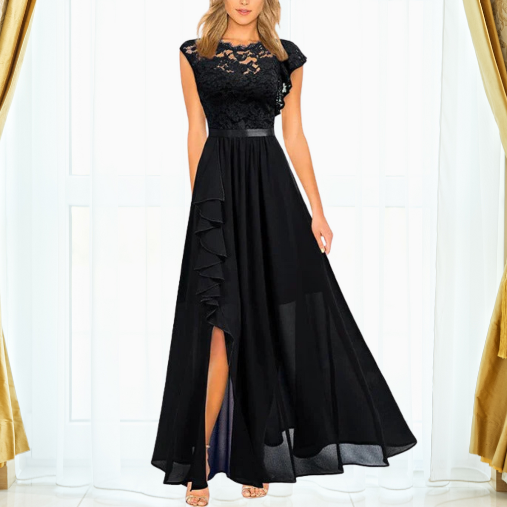 Women's Lace Bodice Maxi Dress – Ruffle High Slit Occasion Dress