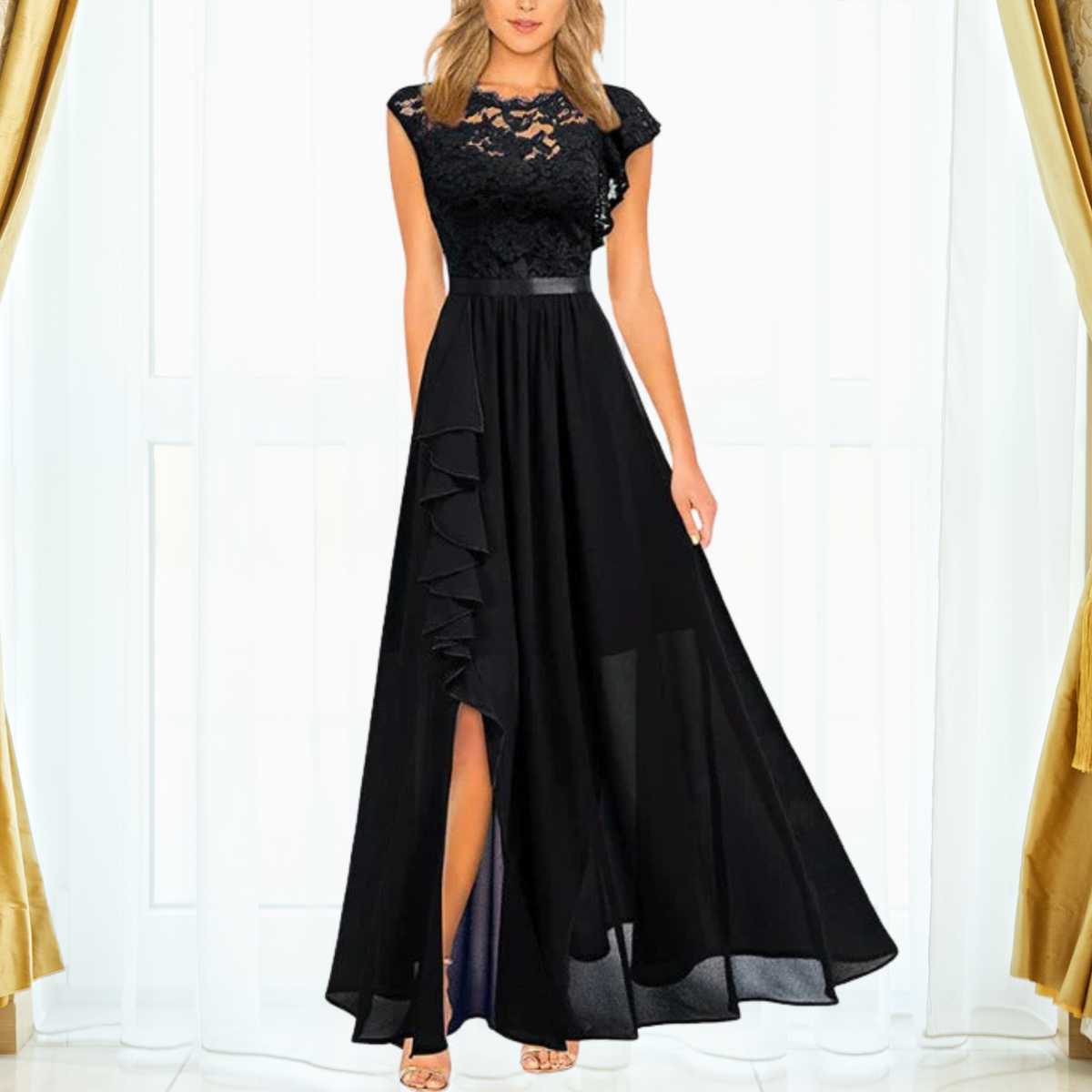 Women's Lace Bodice Maxi Dress – Ruffle High Slit Occasion Dress