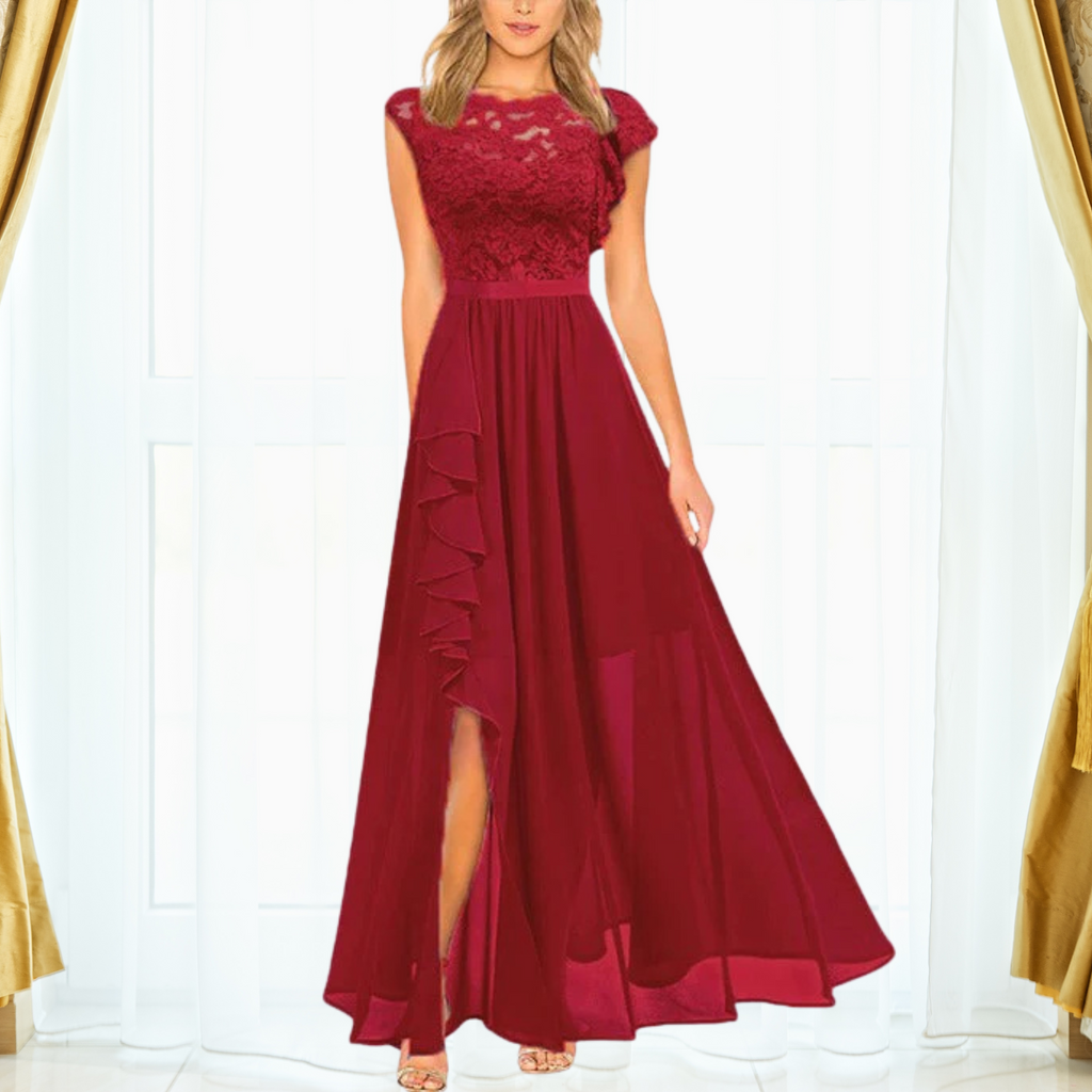 Women's Lace Bodice Maxi Dress – Ruffle High Slit Occasion Dress