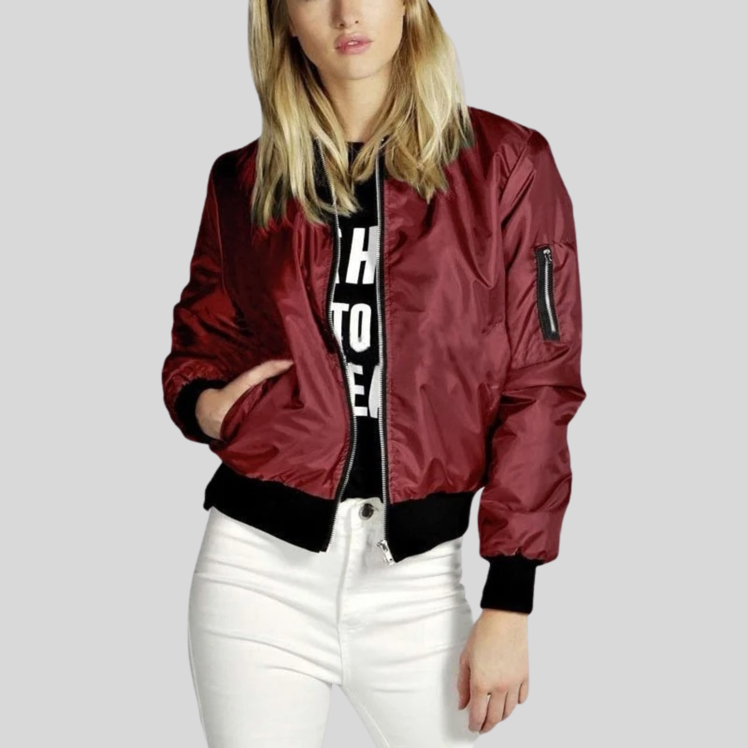 Women’s Lightweight Bomber Jacket – Casual Zip-Up with Pockets - Khloe
