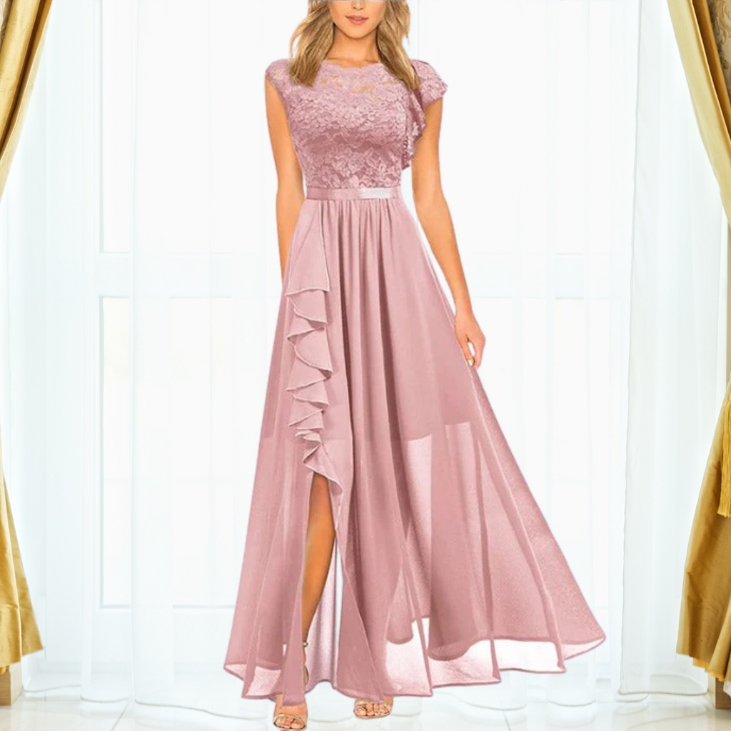 Women's Lace Bodice Maxi Dress – Ruffle High Slit Occasion Dress