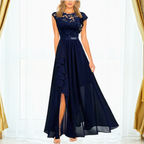 Women's Lace Bodice Maxi Dress – Ruffle High Slit Occasion Dress