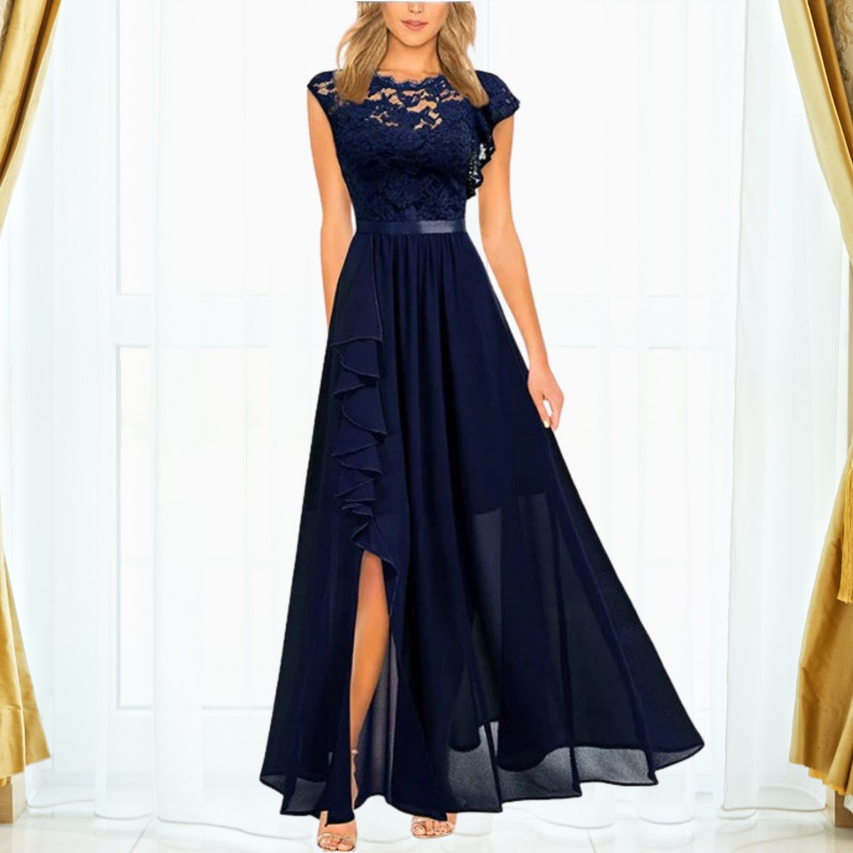 Women's Lace Bodice Maxi Dress – Ruffle High Slit Occasion Dress