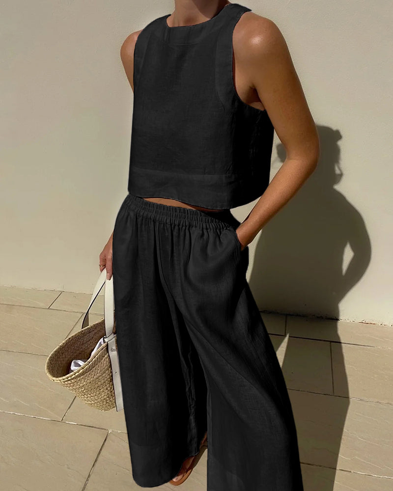 Women's Summer Crop Top Set – High Waist Wide Leg Pants Set