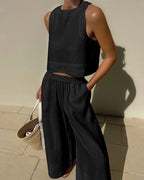 Women's Summer Crop Top Set – High Waist Wide Leg Pants Set