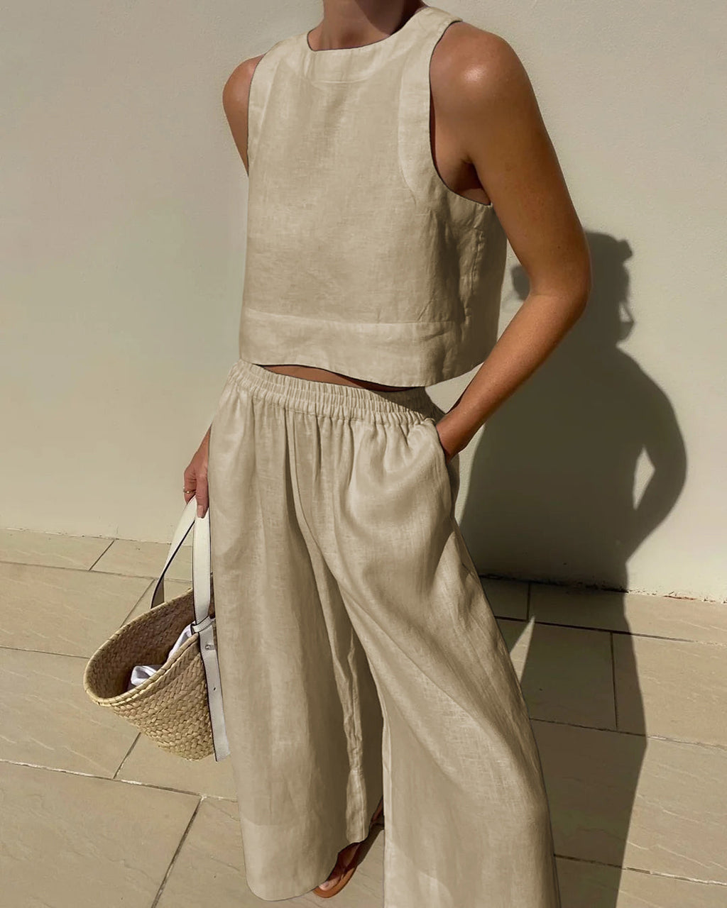 Women's Summer Crop Top Set – High Waist Wide Leg Pants Set
