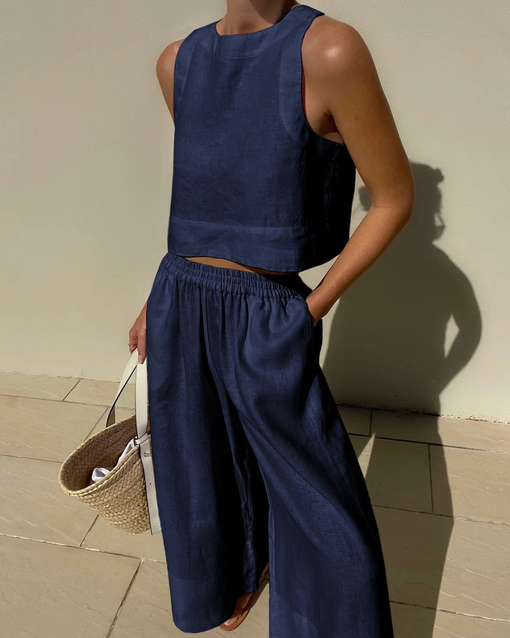 Women's Summer Crop Top Set – High Waist Wide Leg Pants Set