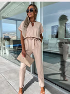 Women's Tie Waist Jumpsuit – Short Sleeve Round Neck Wide Leg Jumpsuit