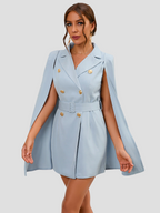 Women's Cape Sleeve Blazer Dress – Belted Gold Button Formal Mini Dress