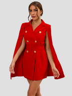 Women's Cape Sleeve Blazer Dress – Belted Gold Button Formal Mini Dress