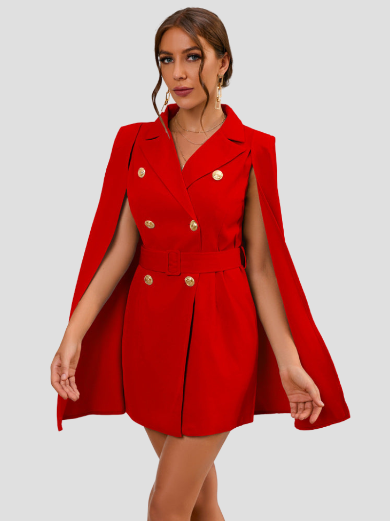 Women's Cape Sleeve Blazer Dress – Belted Gold Button Formal Mini Dress