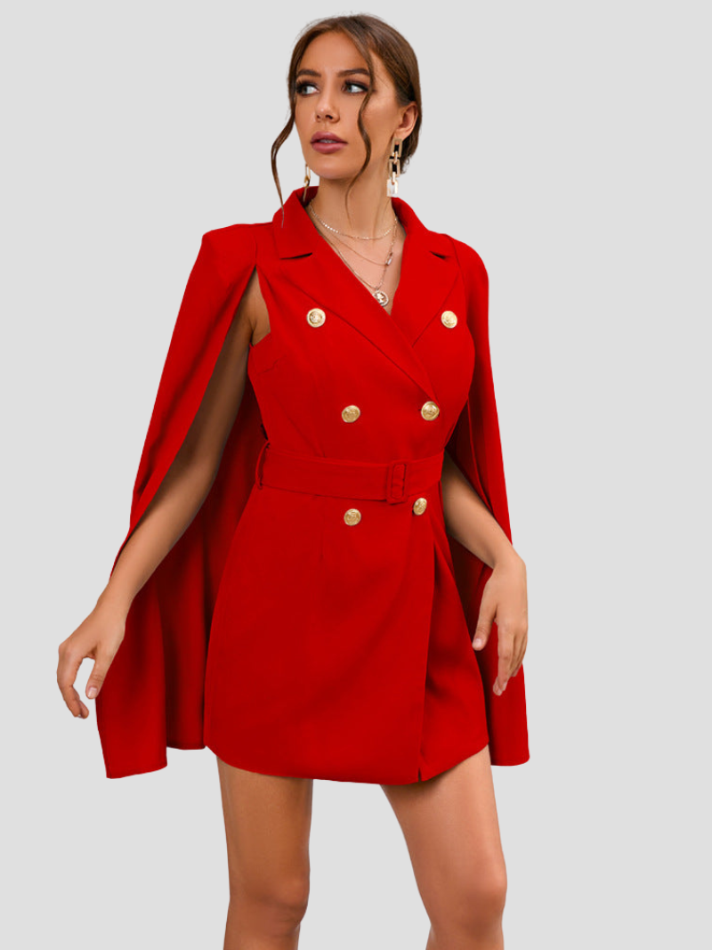 Women's Cape Sleeve Blazer Dress – Belted Gold Button Formal Mini Dress