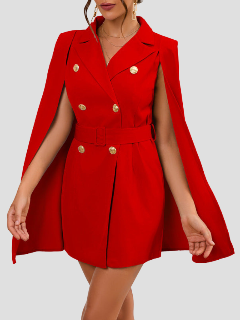 Women's Cape Sleeve Blazer Dress – Belted Gold Button Formal Mini Dress