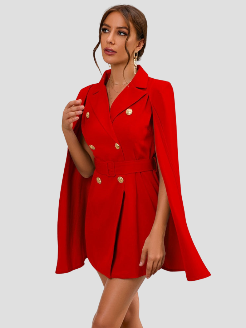 Women's Cape Sleeve Blazer Dress – Belted Gold Button Formal Mini Dress