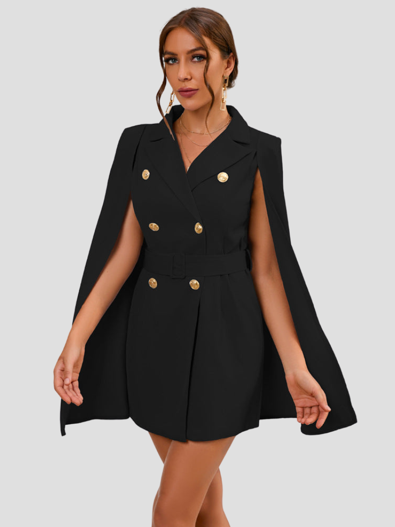 Women's Cape Sleeve Blazer Dress – Belted Gold Button Formal Mini Dress