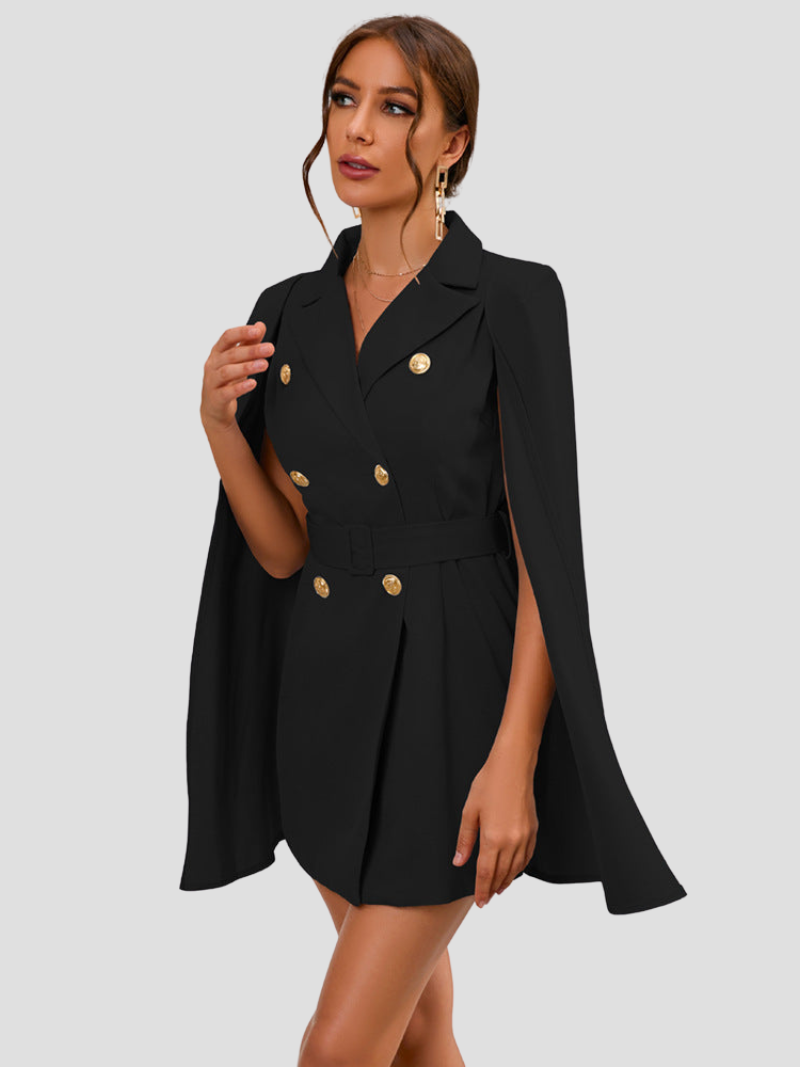 Women's Cape Sleeve Blazer Dress – Belted Gold Button Formal Mini Dress