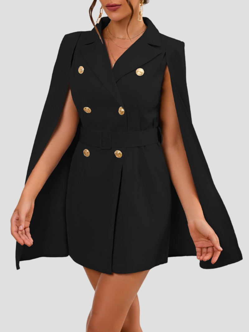 Women's Cape Sleeve Blazer Dress – Belted Gold Button Formal Mini Dress