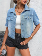 Women's Cropped Short Sleeve Jean Jacket – Relaxed Button Front Jacket