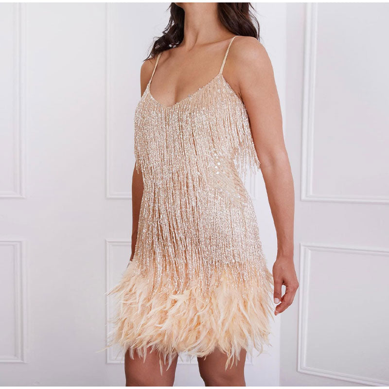 Women's Feather Sequin Cocktail Dress – Strappy Fringe Evening Party Dress
