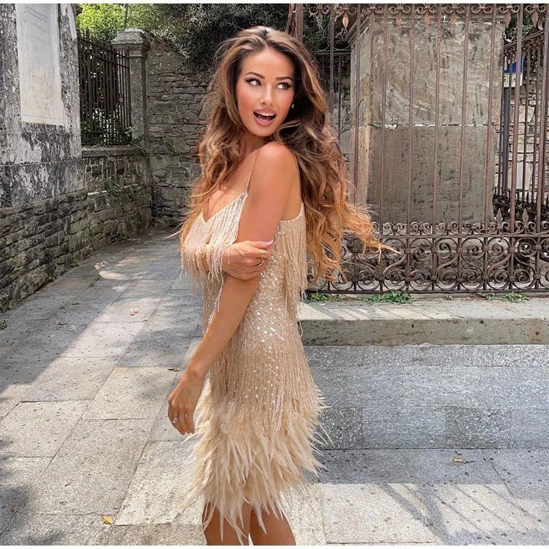 Women's Feather Sequin Cocktail Dress – Strappy Fringe Evening Party Dress