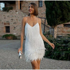 Women's Feather Sequin Cocktail Dress – Strappy Fringe Evening Party Dress