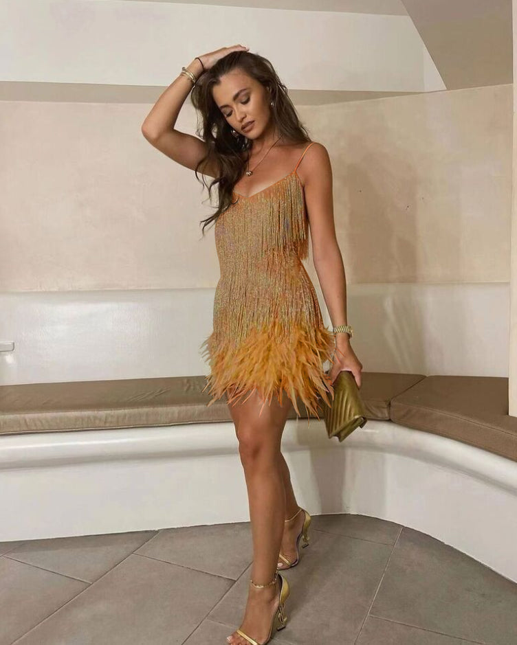 Women's Feather Sequin Cocktail Dress – Strappy Fringe Evening Party Dress